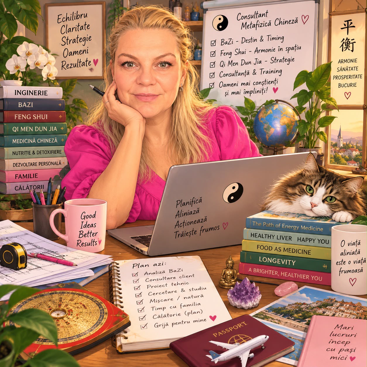 Camelia la birou, printre cărți de astrologie, cristale și plante